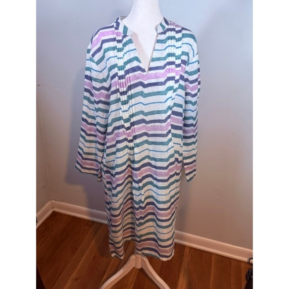 Pomegranate Watercolor Stripe Pintuck Linen Dress Size M NWT Blue Purple Teal